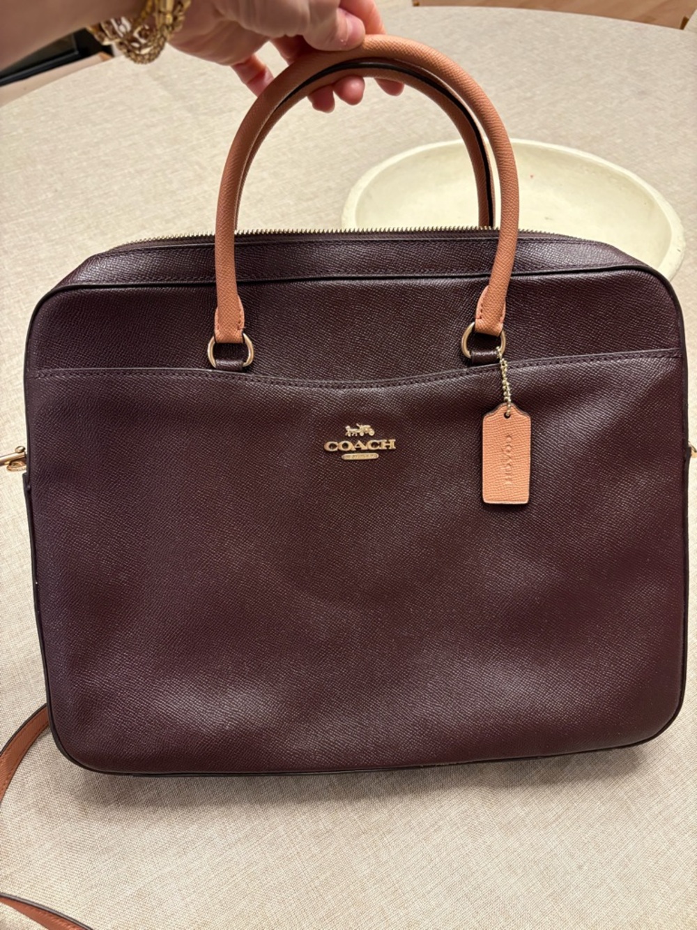 Coach Leather Laptop Bag - Burgundy with Tan Handles